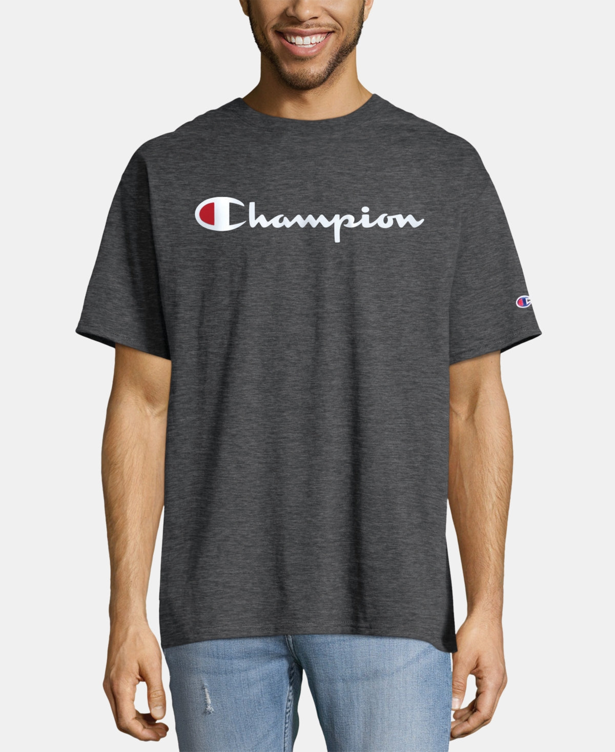 Camiseta Champion Masculina com Logotipo Script Cinza Tamanho P