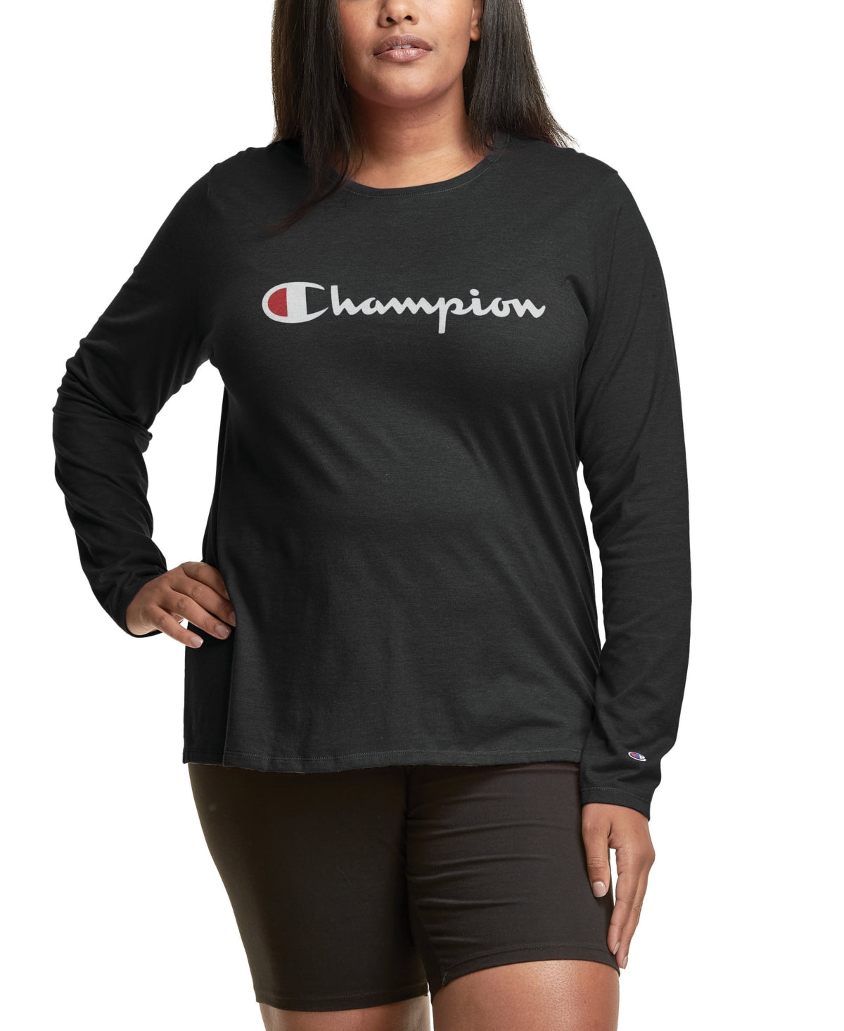 Camiseta feminina Champion com logo e manga comprida, preta, tamanho 2X