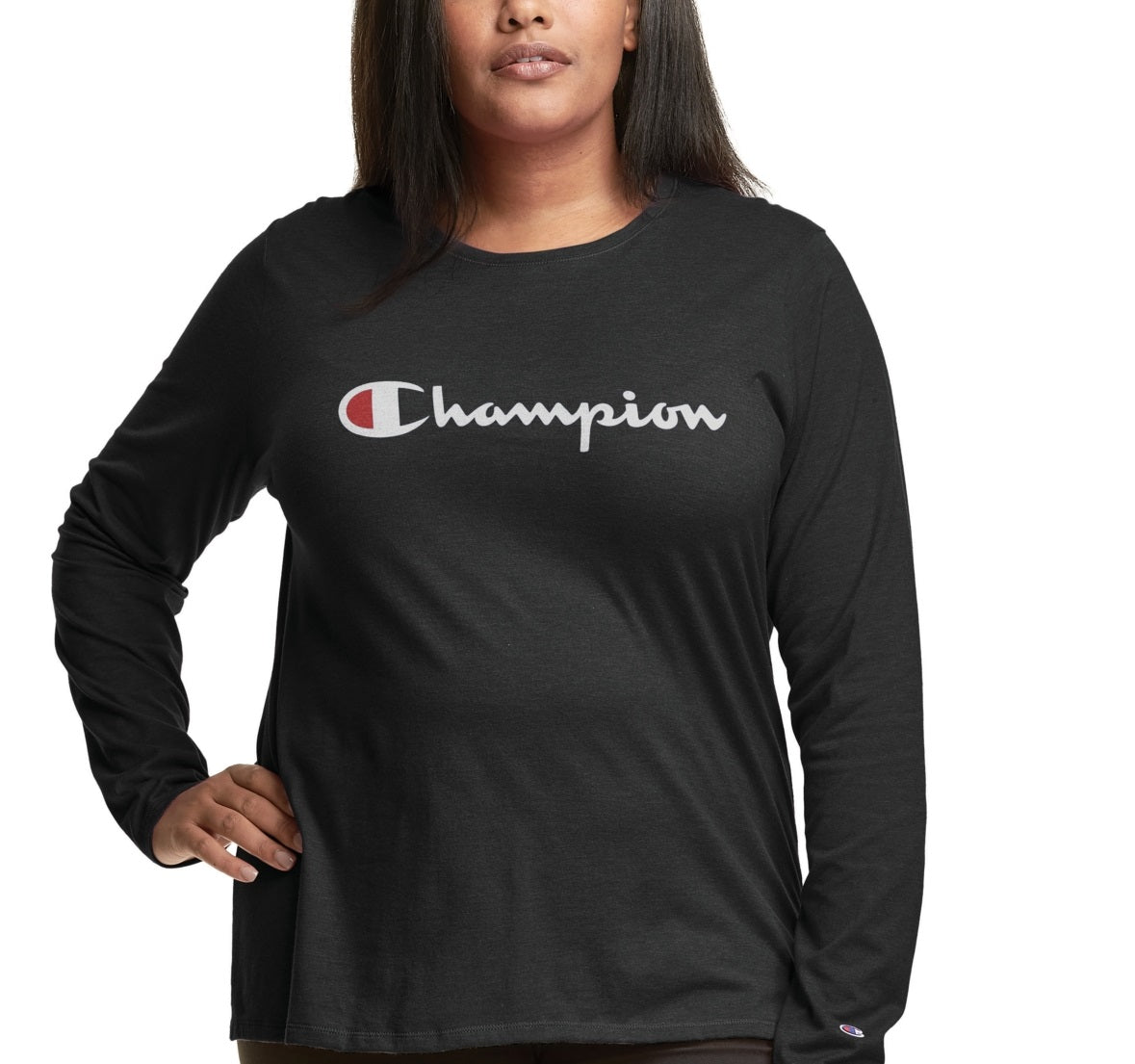 Camiseta feminina Champion com logo e manga comprida, preta, tamanho 2X