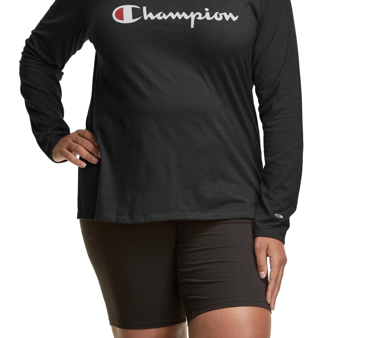 Camiseta feminina Champion com logo e manga comprida, preta, tamanho 2X