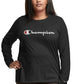 Camiseta feminina Champion com logo e manga comprida, preta, tamanho 3X