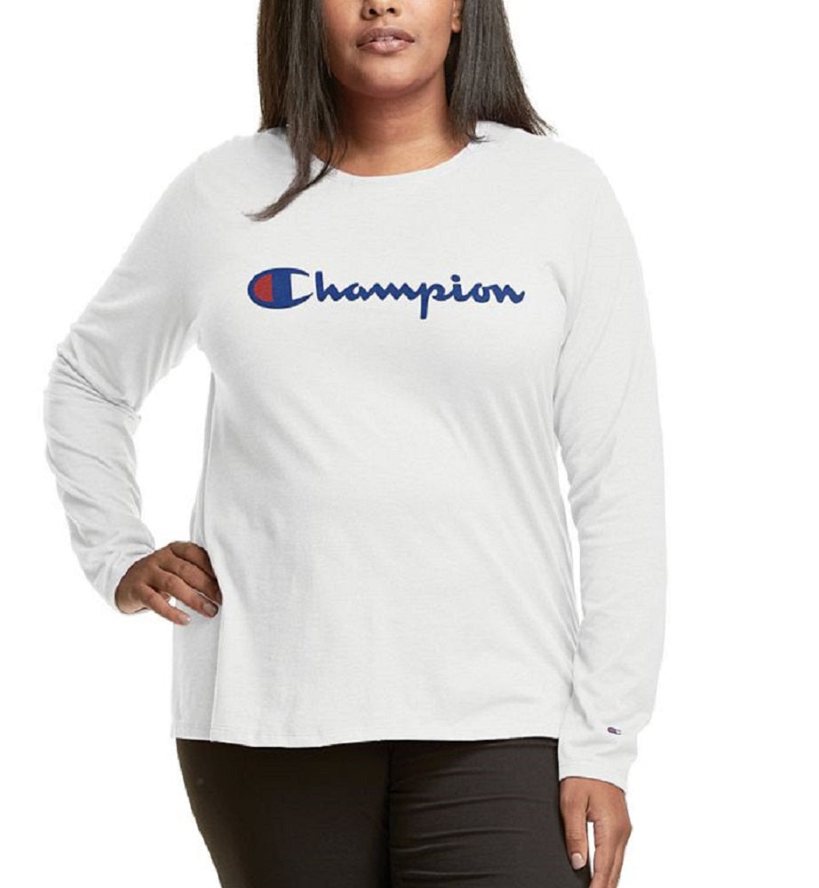 Camiseta feminina Champion com logo e manga comprida, branca