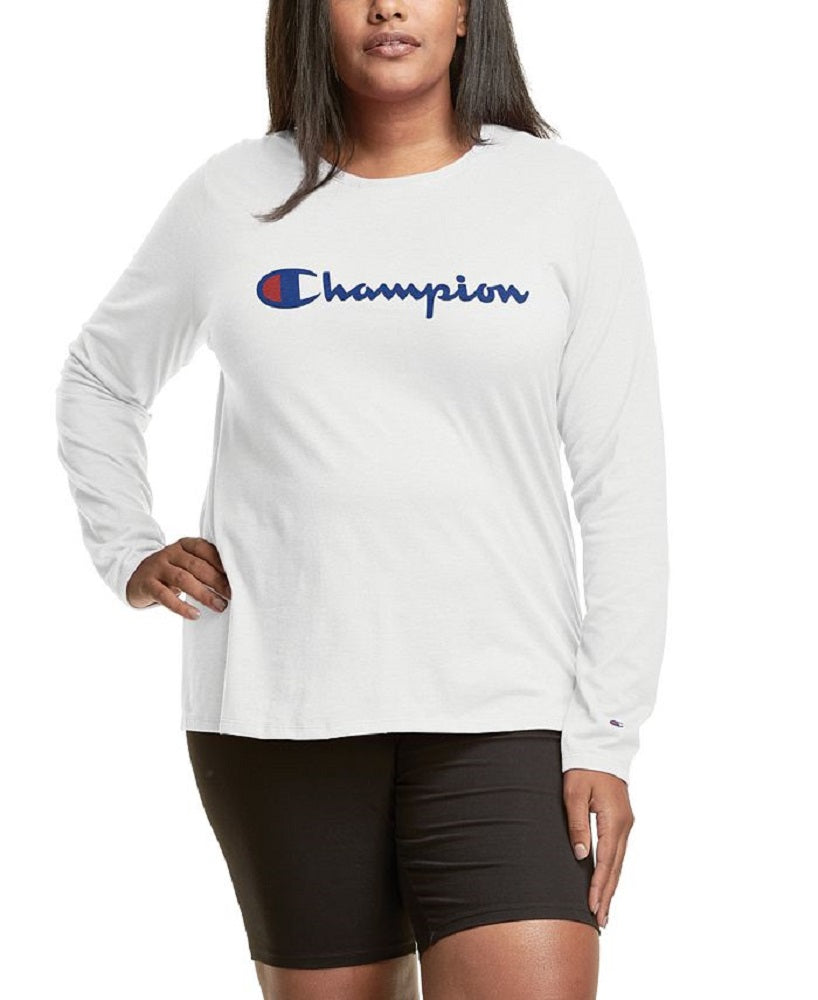 Camiseta feminina Champion com logo e manga comprida, branca