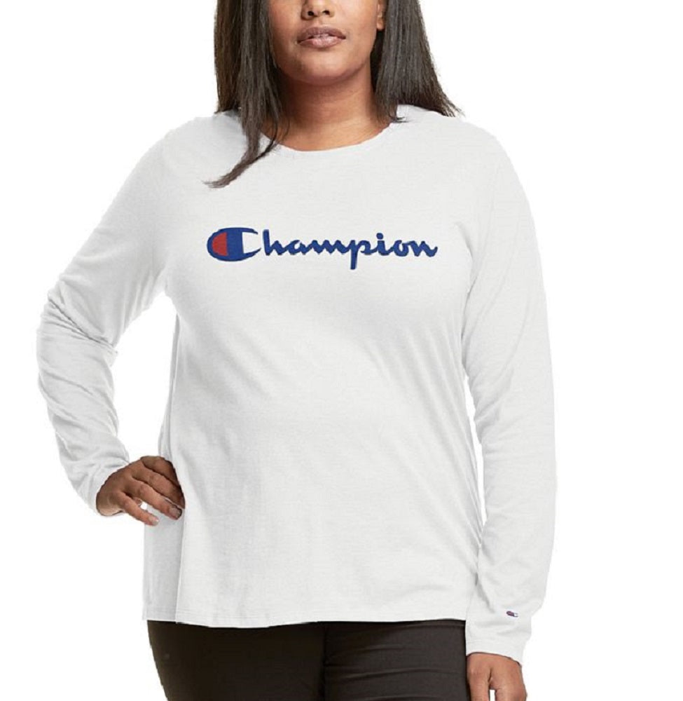 Camiseta feminina Champion com logo e manga comprida, branca