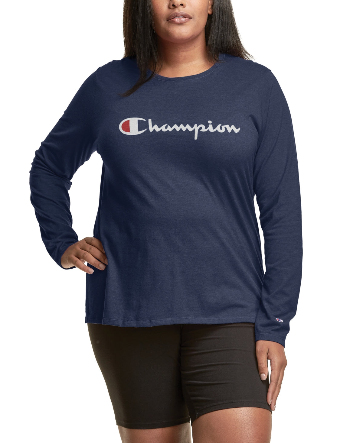 Camiseta feminina Champion com logo e manga comprida, azul, tamanho 2X