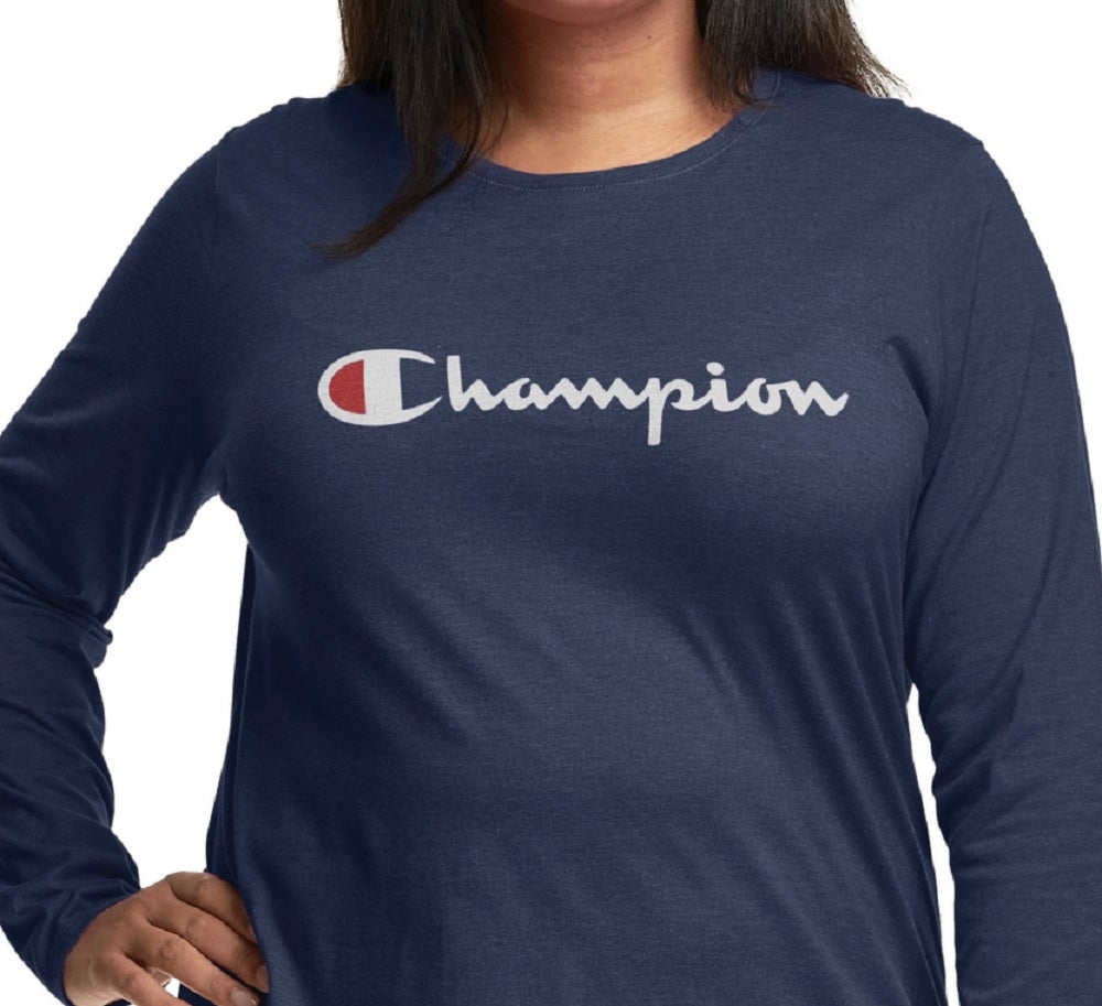 Camiseta feminina Champion com logo e manga comprida, azul, tamanho 2X