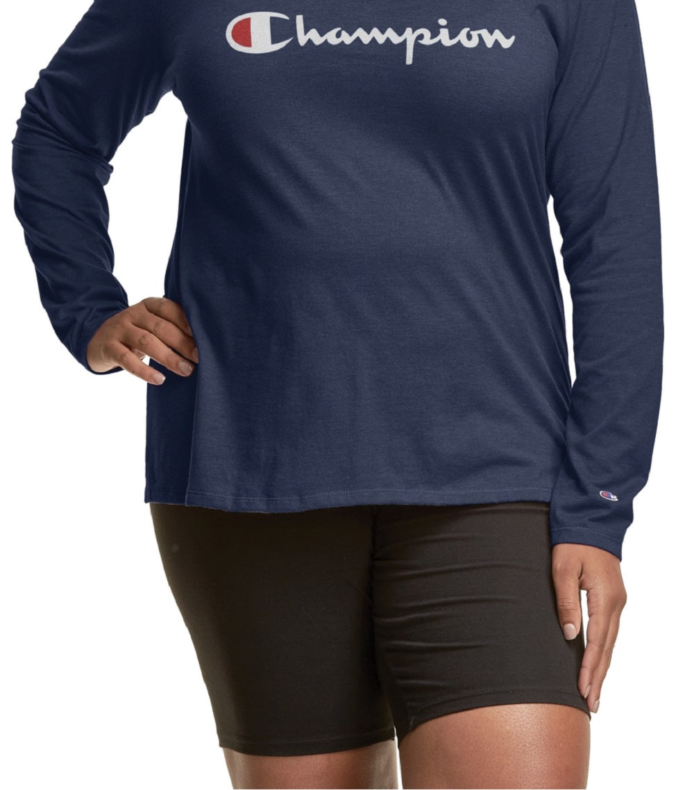 Camiseta feminina Champion com logo e manga comprida, azul, tamanho 2X