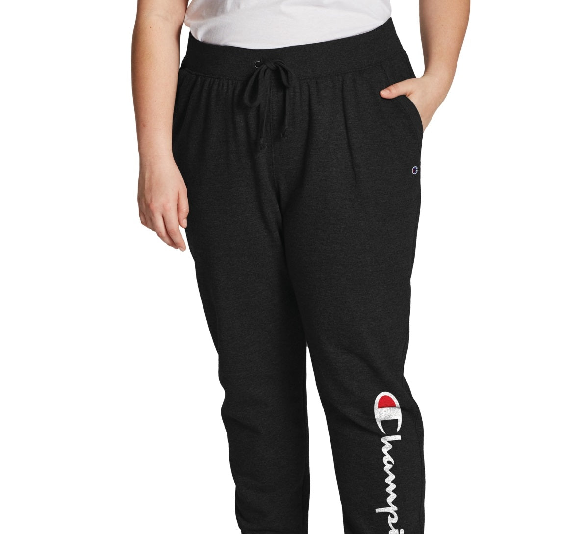 Calça de moletom feminina Champion Powerblend canelada, preta, tamanho 1X
