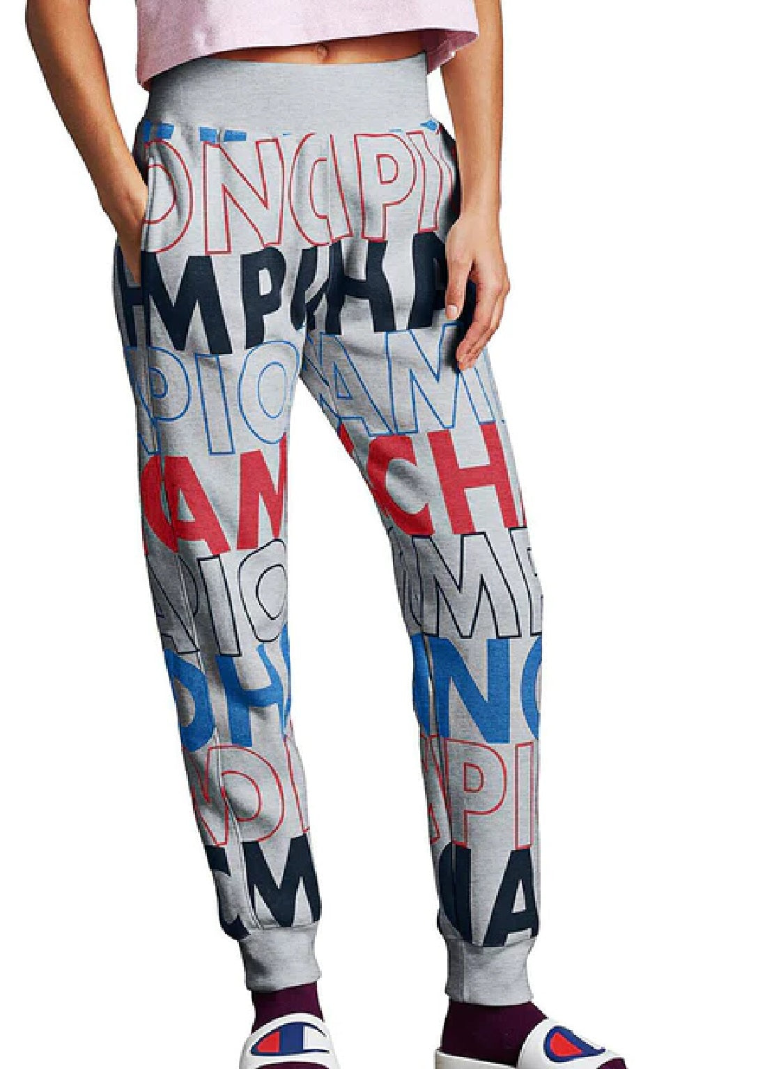 Calça de moletom feminina Champion Reverse Weave Logo Print Cinza Tamanho P