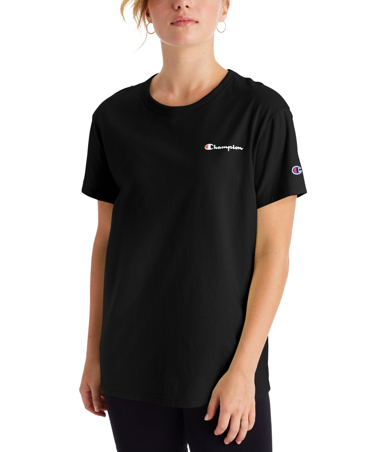 Camiseta Champion Feminina de Algodão com Logotipo Boyfriend, Preta, Tamanho Pequeno