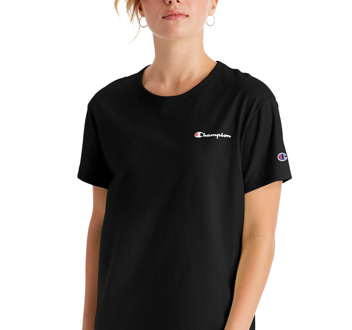 Camiseta Champion Feminina de Algodão com Logotipo Boyfriend, Preta, Tamanho Pequeno