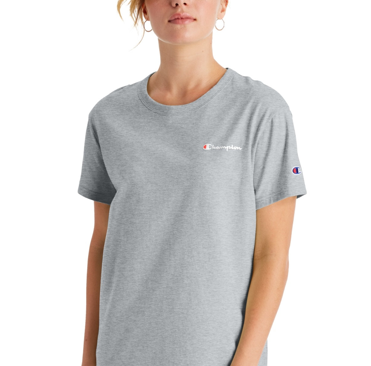 Camiseta Champion Feminina de Algodão com Logotipo Boyfriend Cinza Tamanho Grande