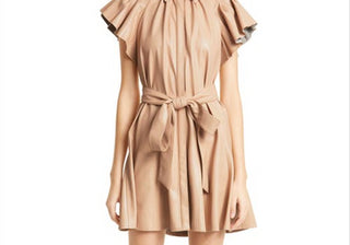 Vestido curto feminino Alice + Olivia em couro sintético, tamanho 10, cor amêndoa