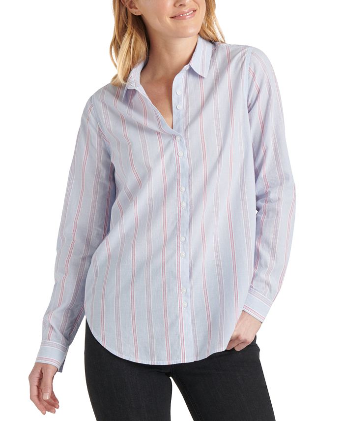Camisa feminina listrada clássica com botões Lucky Brand, azul, tamanho extragrande