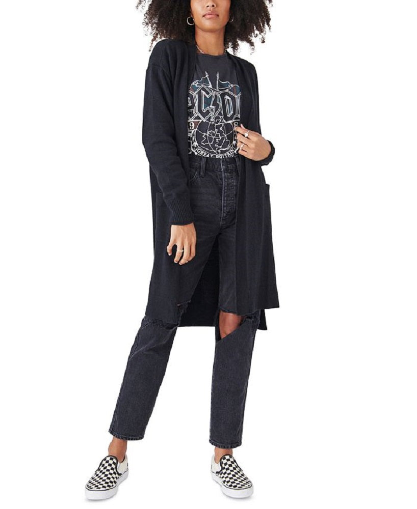Cardigan longo feminino Lucky Brand com frente aberta, preto, tamanho grande