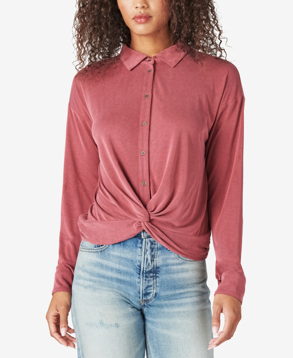 Camisa feminina Lucky Brand com botões e bainha torcida, vermelha, tamanho pequeno