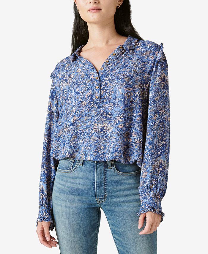 Blusa feminina Lucky Brand Paisley com gola babada e estampa azul