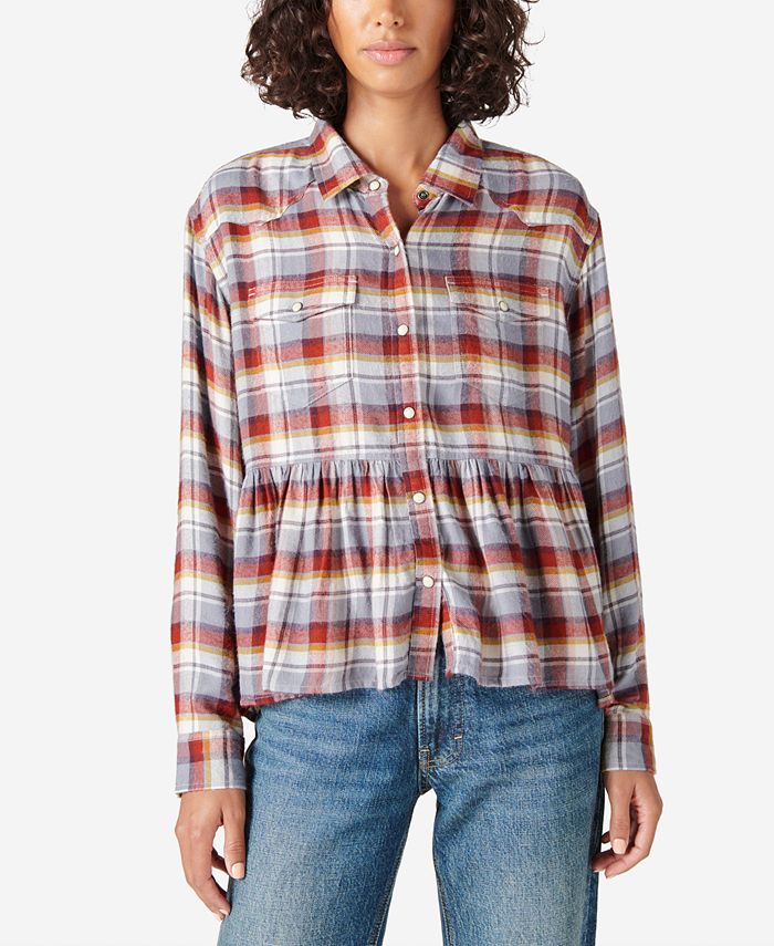 Lucky Brand Camisa feminina xadrez western babydoll manga comprida azul