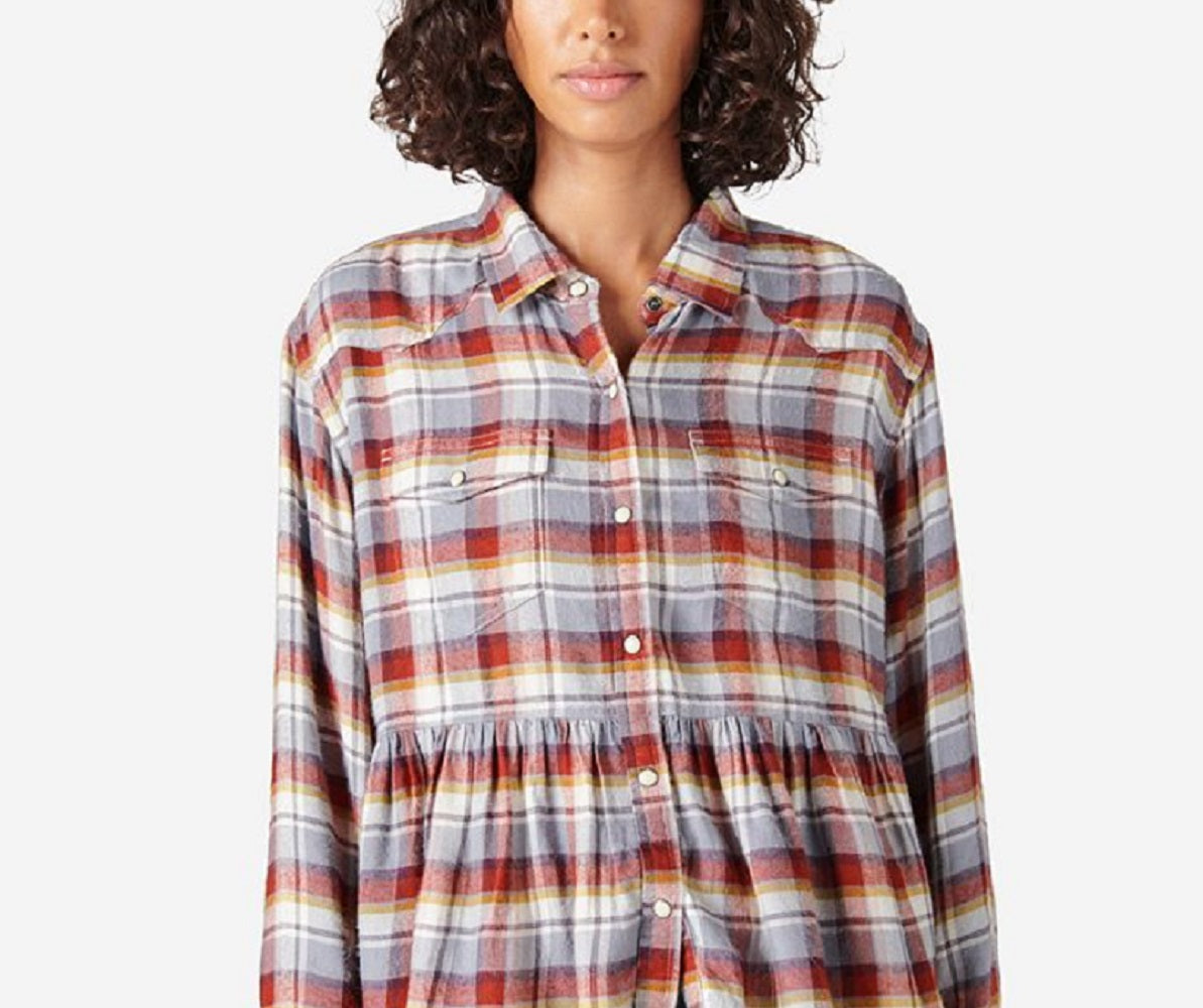 Lucky Brand Camisa feminina xadrez western babydoll manga comprida azul