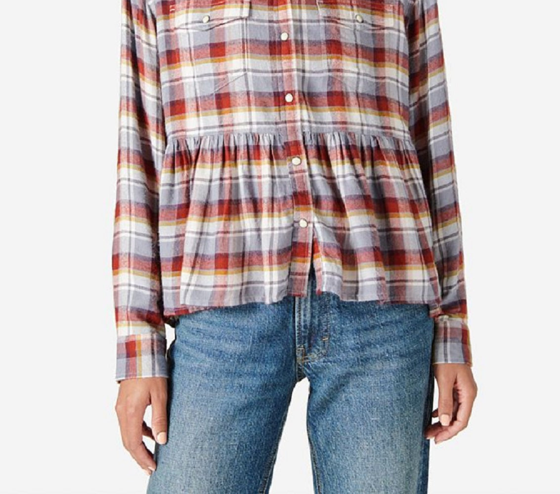 Lucky Brand Camisa feminina xadrez western babydoll manga comprida azul