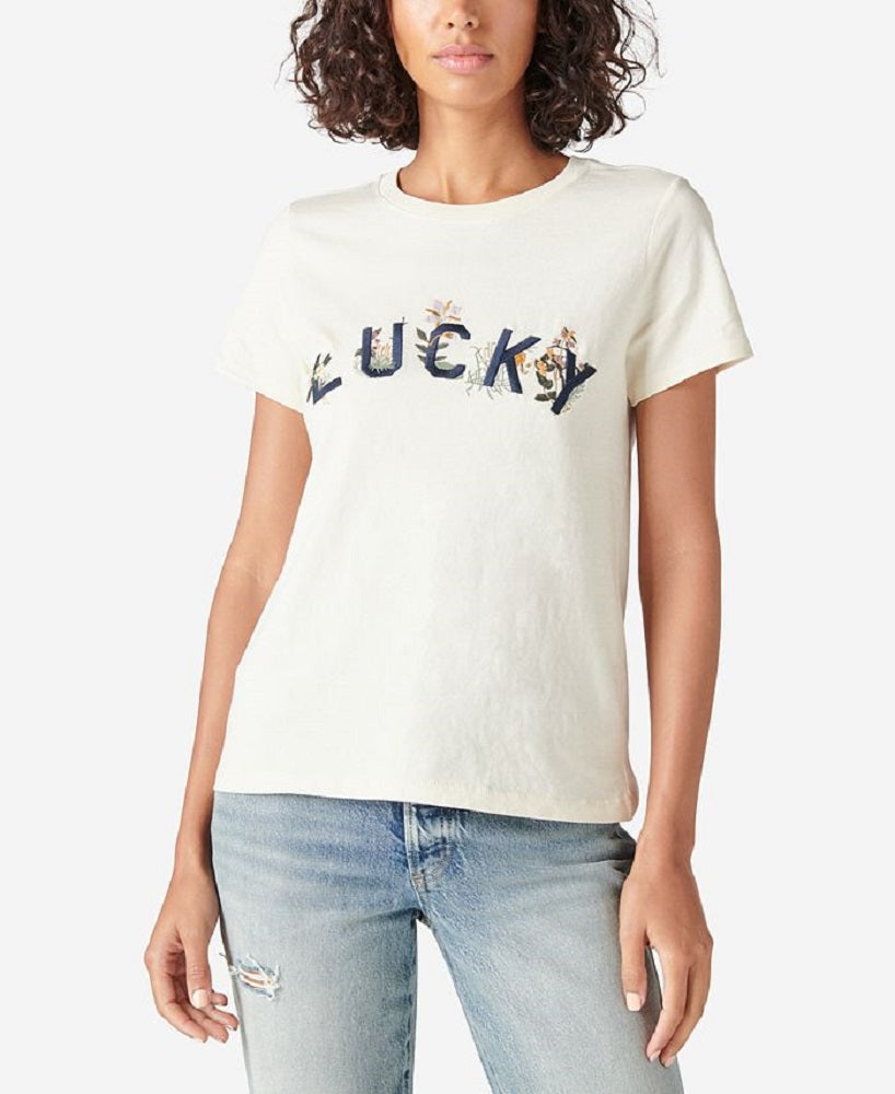 Camiseta feminina bordada floral Lucky Brand, branca, tamanho médio