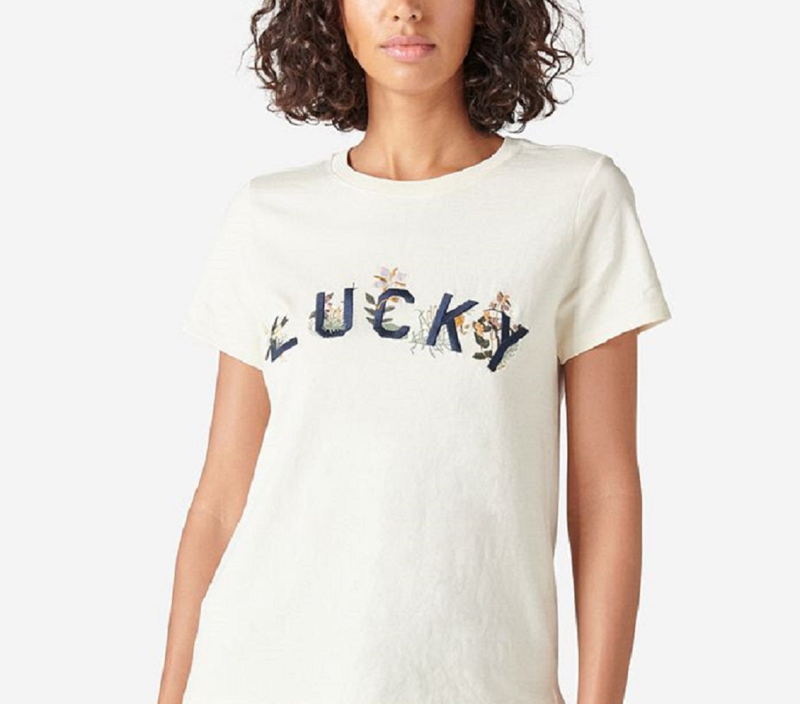 Camiseta feminina bordada floral Lucky Brand, branca, tamanho médio