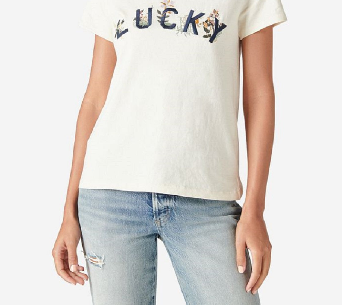 Camiseta feminina bordada floral Lucky Brand, branca, tamanho médio