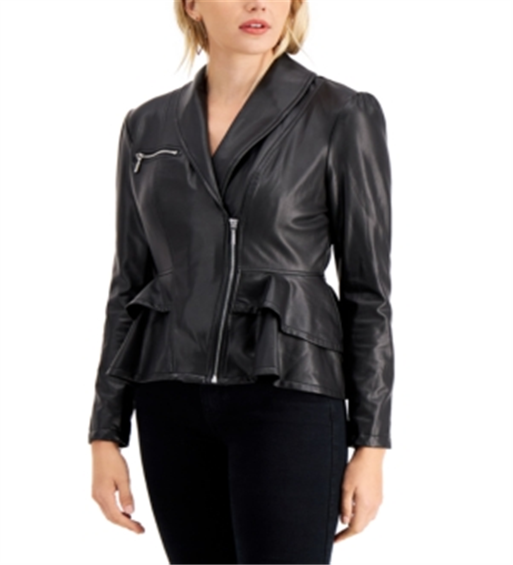 Jaqueta peplum GUESS Westlynn de couro sintético feminina, cinza, tamanho X-G
