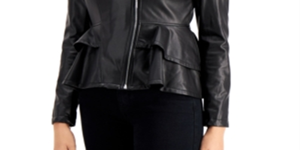Jaqueta peplum GUESS Westlynn de couro sintético feminina, cinza, tamanho X-G