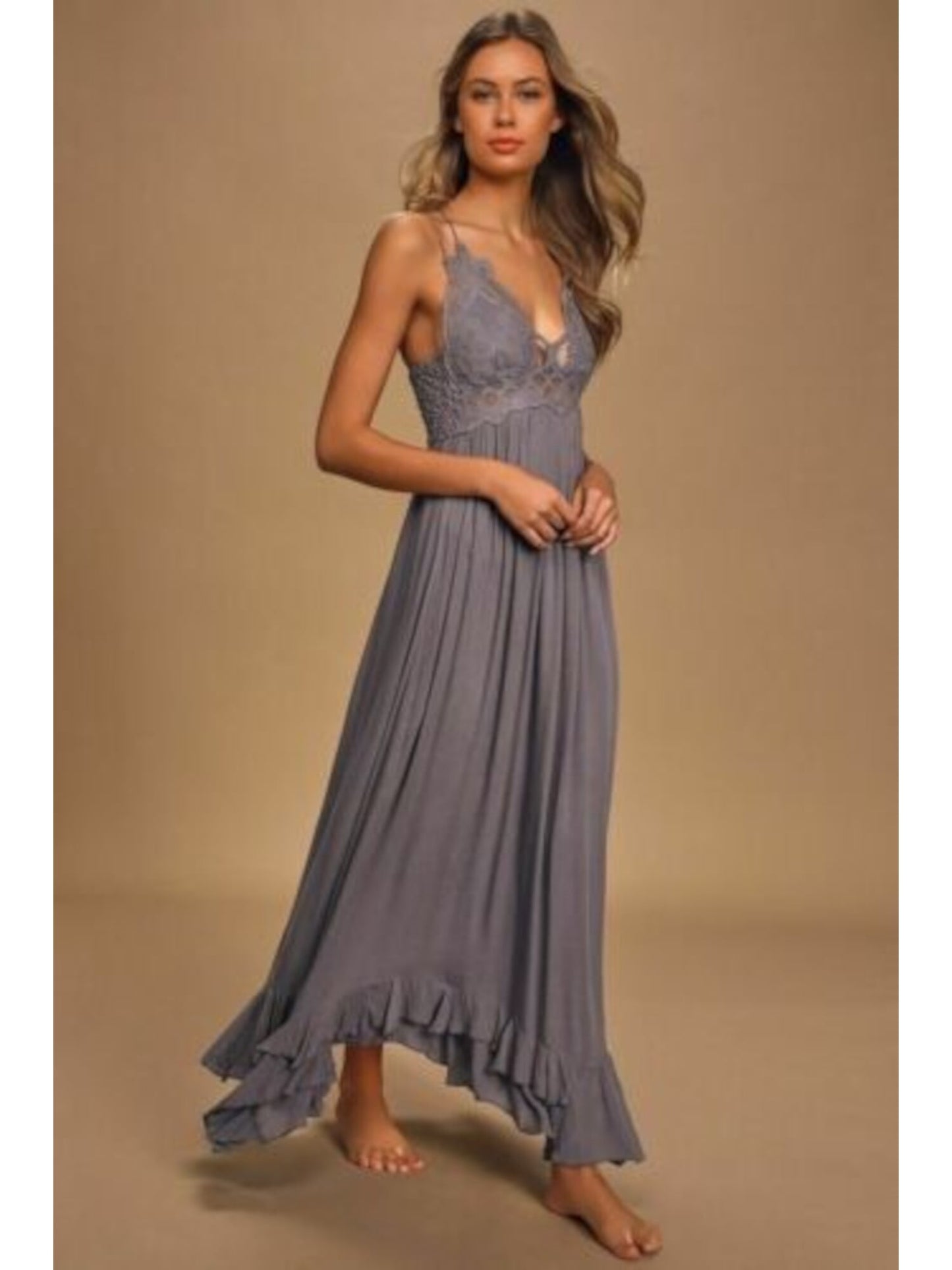 Vestido longo Adella com acabamento em renda Free People Juniors, cinza, tamanho M
