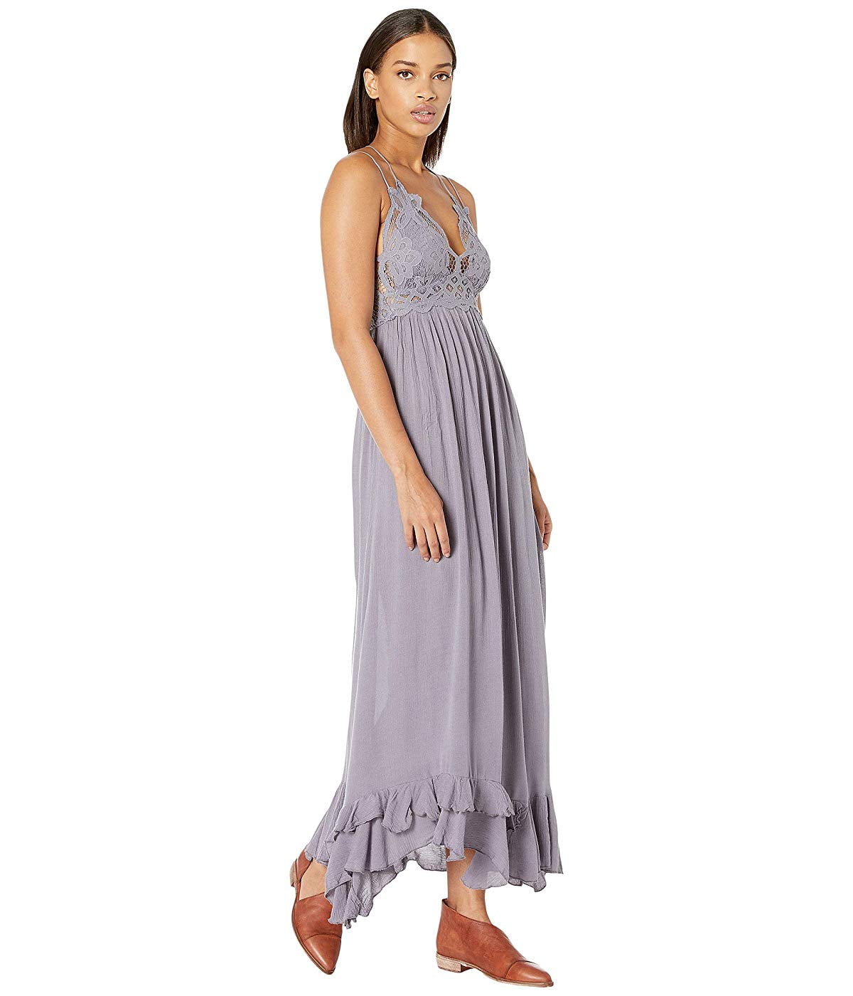 Vestido longo Adella com acabamento em renda Free People Juniors, cinza, tamanho M