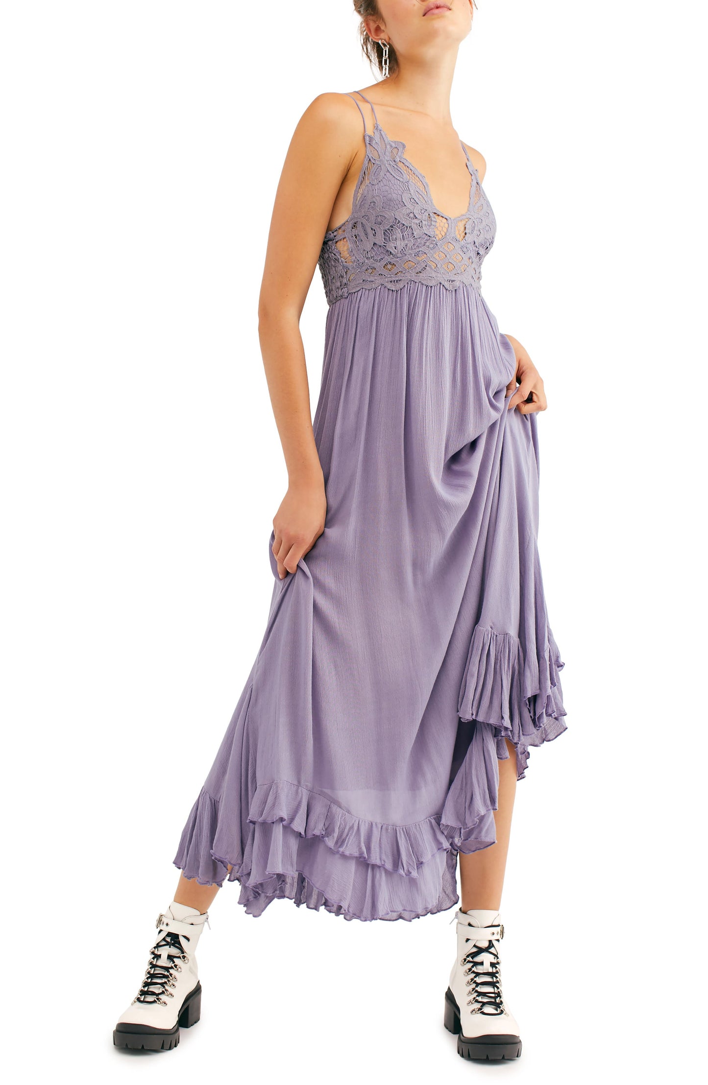 Vestido longo Adella com acabamento em renda Free People Juniors, cinza, tamanho M