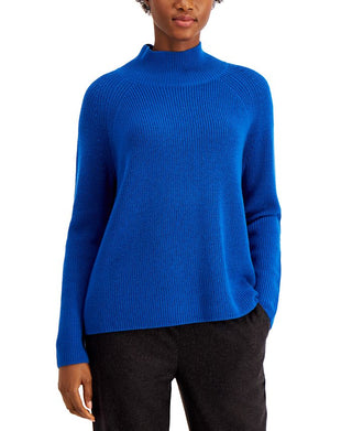 Suéter de gola alta de lã merino com manga raglan Eileen Fisher, azul, tamanho G