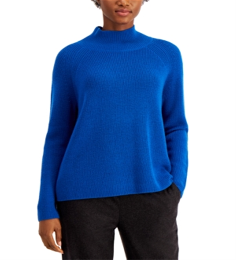 Suéter de gola alta de lã merino com manga raglan Eileen Fisher, azul, tamanho G