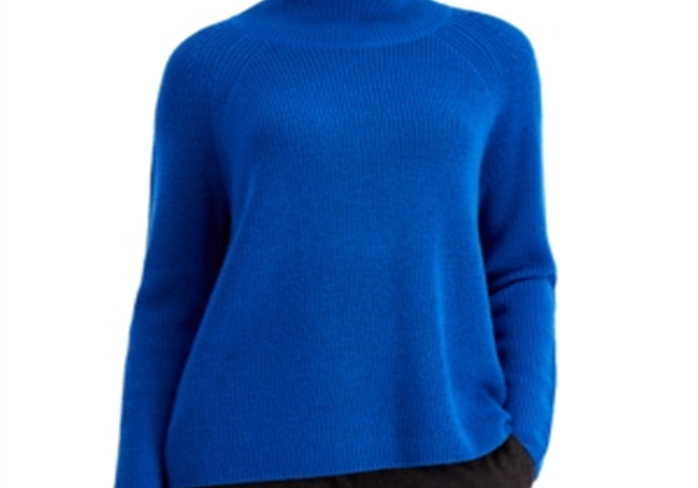 Suéter de gola alta de lã merino com manga raglan Eileen Fisher, azul, tamanho G