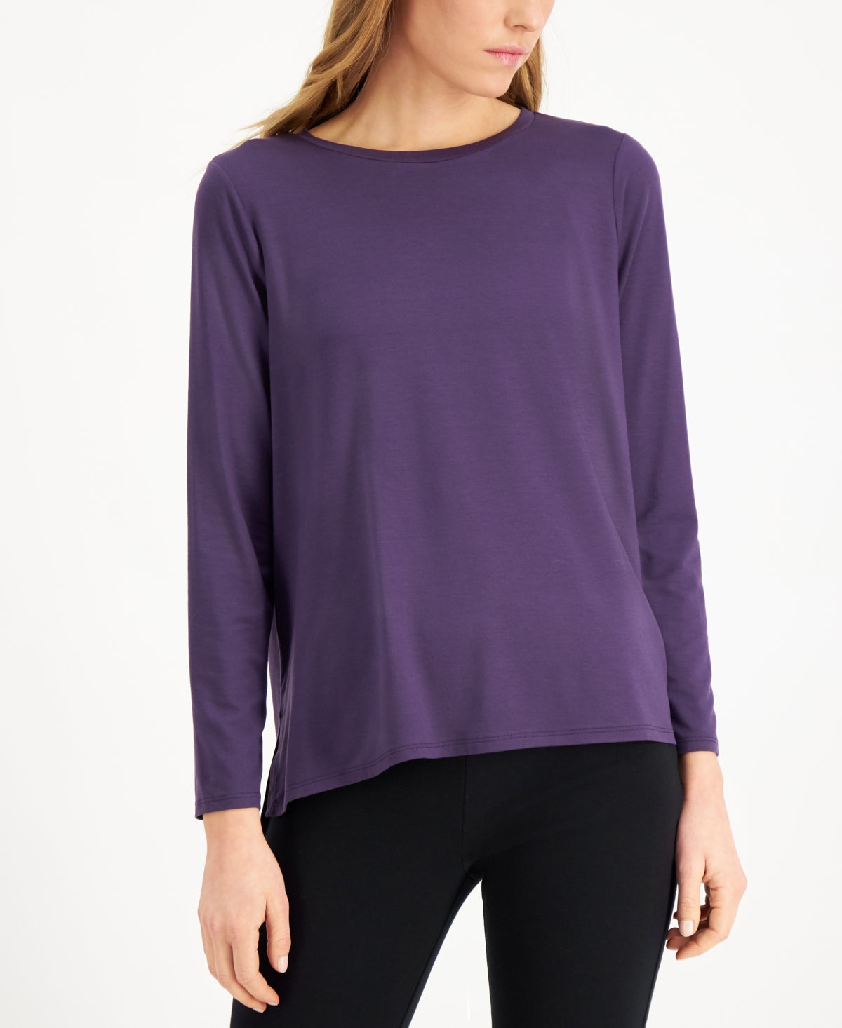 Blusa de malha tencel com gola redonda feminina Eileen Fisher, roxa, tamanho grande