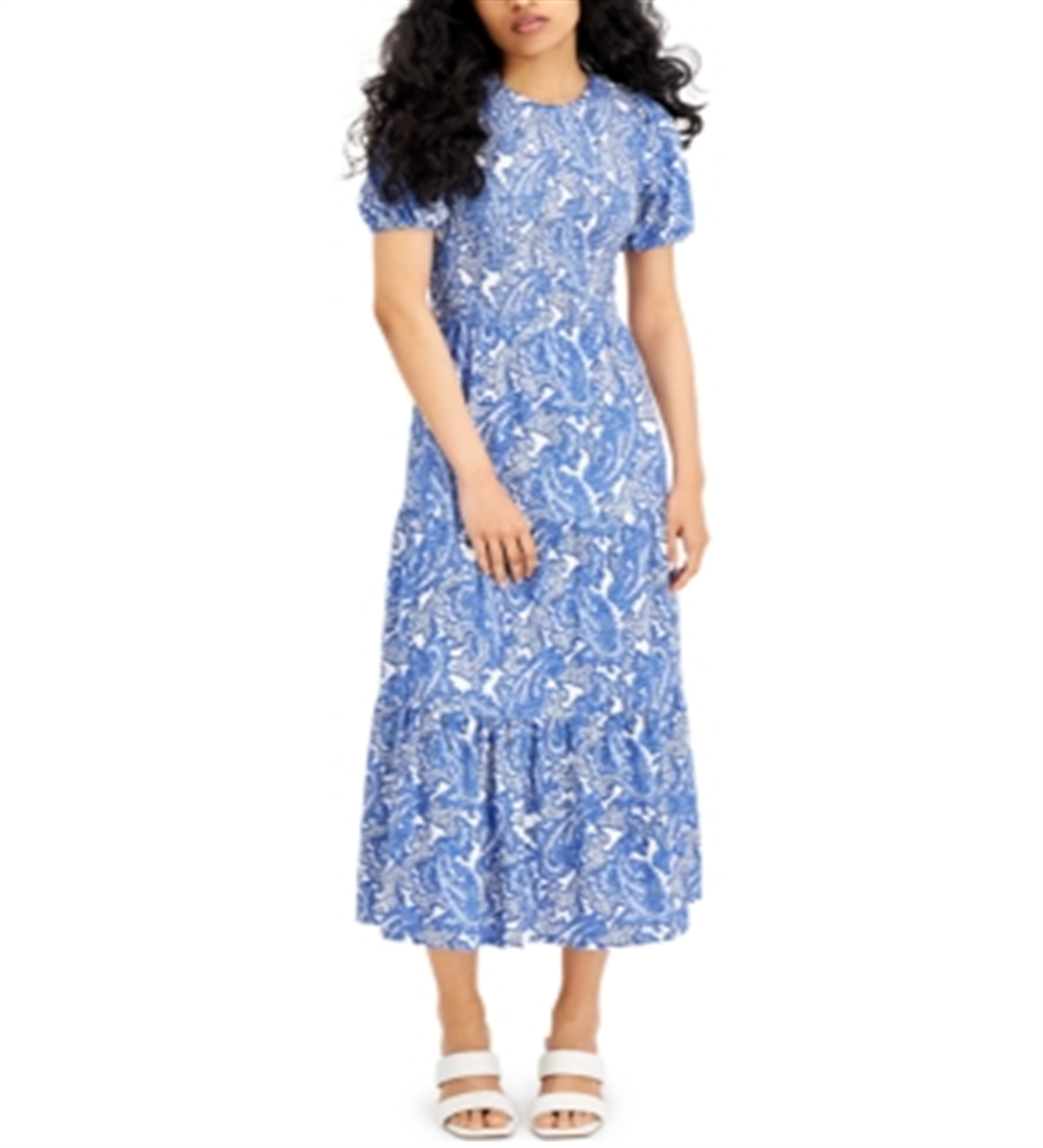 Vestido midi com babados paisley Michael Kors feminino, azul, tamanho grande