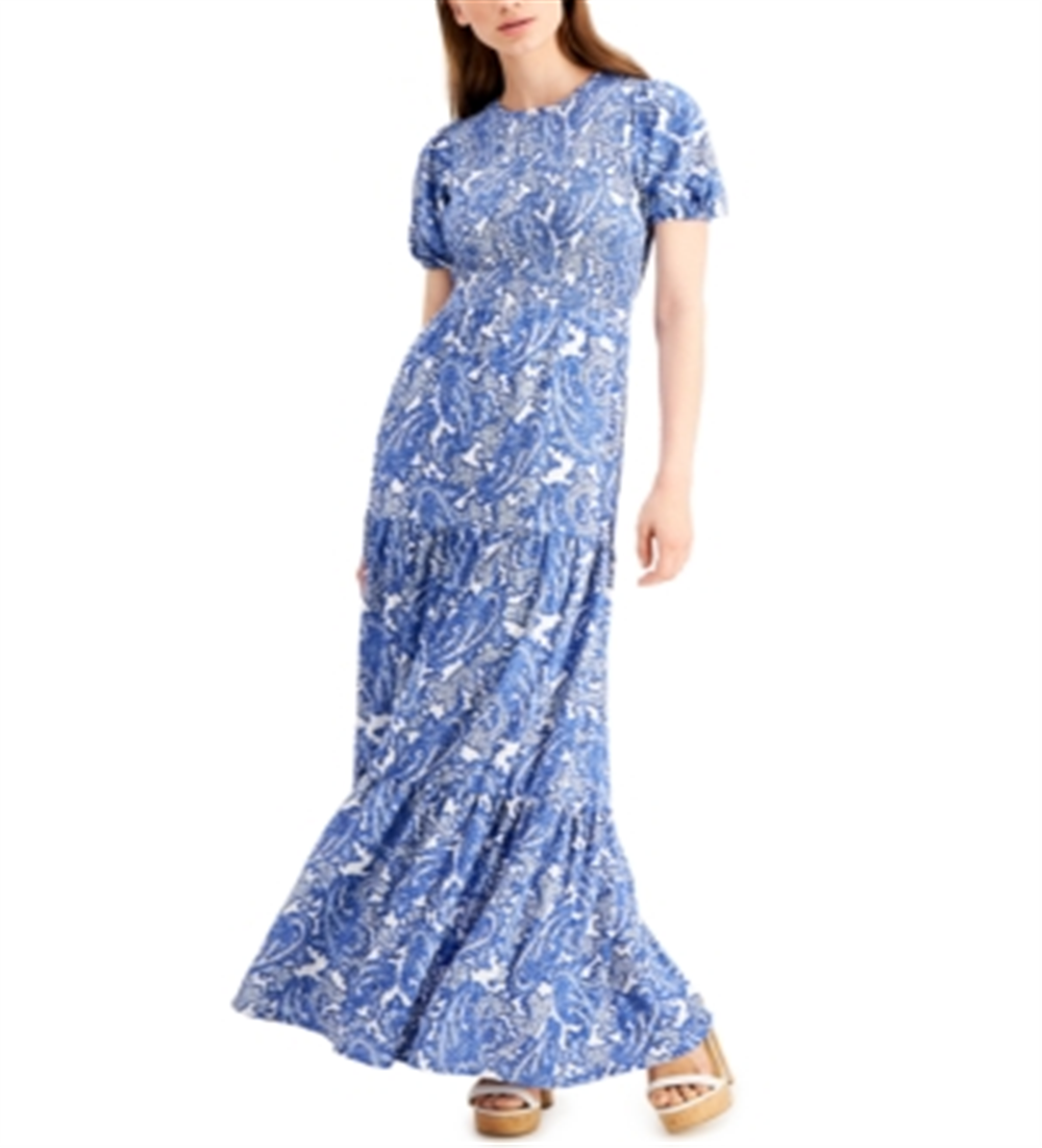 Vestido midi com babados paisley Michael Kors feminino, azul, tamanho grande