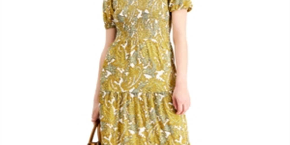 Vestido midi com babados paisley feminino Michael Kors, amarelo, tamanho médio