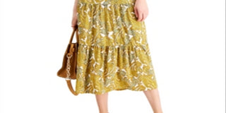 Vestido midi com babados paisley feminino Michael Kors, amarelo, tamanho médio