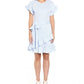 Vestido envelope falso Michael Kors feminino, com zíper, babados, sem forro, com cinto, listrado, manga curta, gola redonda, acima do joelho, azul, tamanho pequeno, extrapequeno