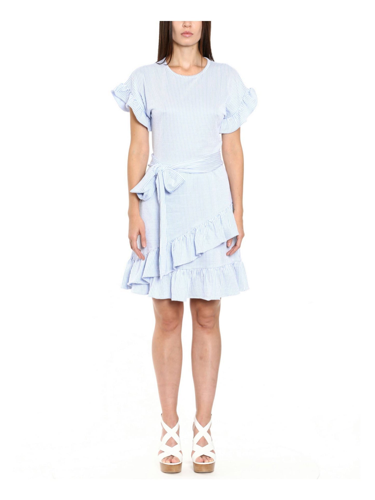 Vestido envelope falso Michael Kors feminino, com zíper, babados, sem forro, com cinto, listrado, manga curta, gola redonda, acima do joelho, azul, tamanho pequeno, extrapequeno