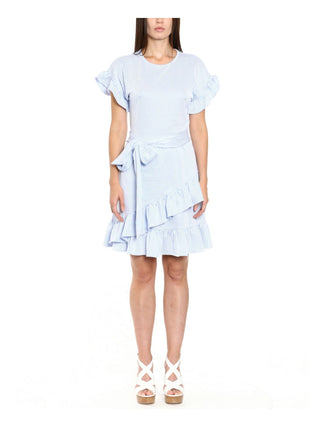 Vestido envelope falso Michael Kors feminino, com zíper, babados, sem forro, com cinto, listrado, manga curta, gola redonda, acima do joelho, azul, tamanho pequeno, extrapequeno