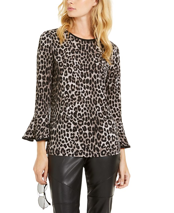Blusa feminina Michael Kors com estampa de leopardo e manga flare, cinza, tamanho pequeno
