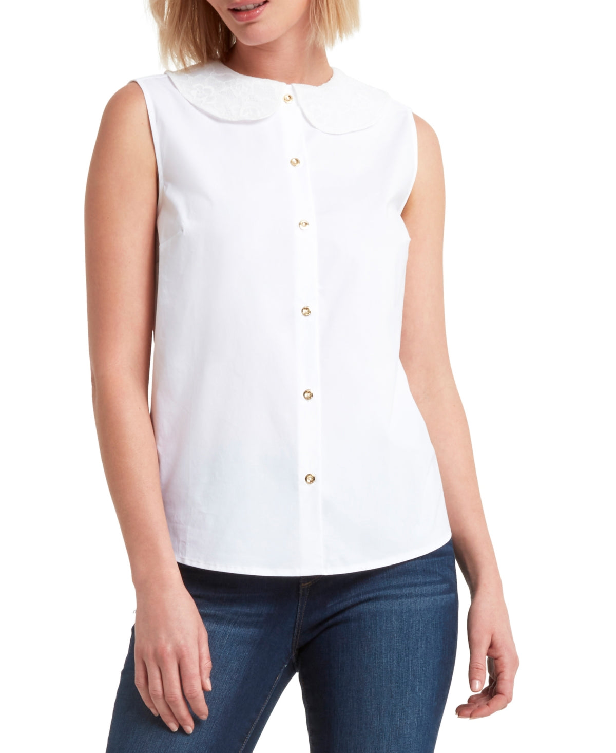 Blusa feminina H Halston sem mangas com gola de renda, branca, tamanho médio