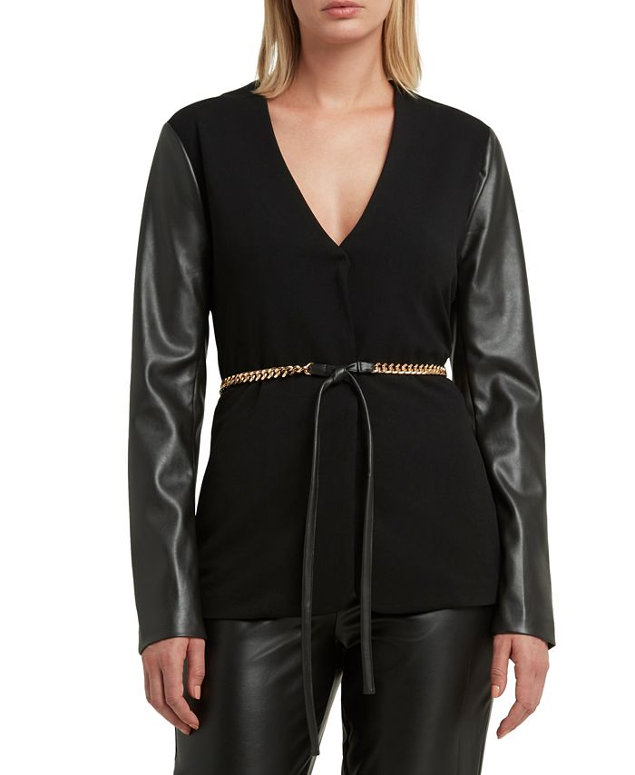 Blazer feminino H Halston sem gola, couro sintético, manga e cinto, preto, tamanho extrapequeno