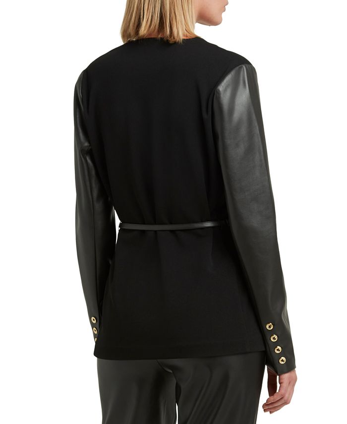 Blazer feminino H Halston sem gola, couro sintético, manga e cinto, preto, tamanho extrapequeno