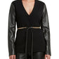 Blazer feminino H Halston sem gola em couro sintético com manga e cinto, preto, tamanho pequeno
