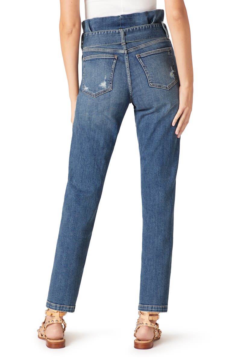 Calça jeans feminina Sam Edelman The Dani Paperbag desgastada, cintura alta, perna reta, azul, tamanho 24