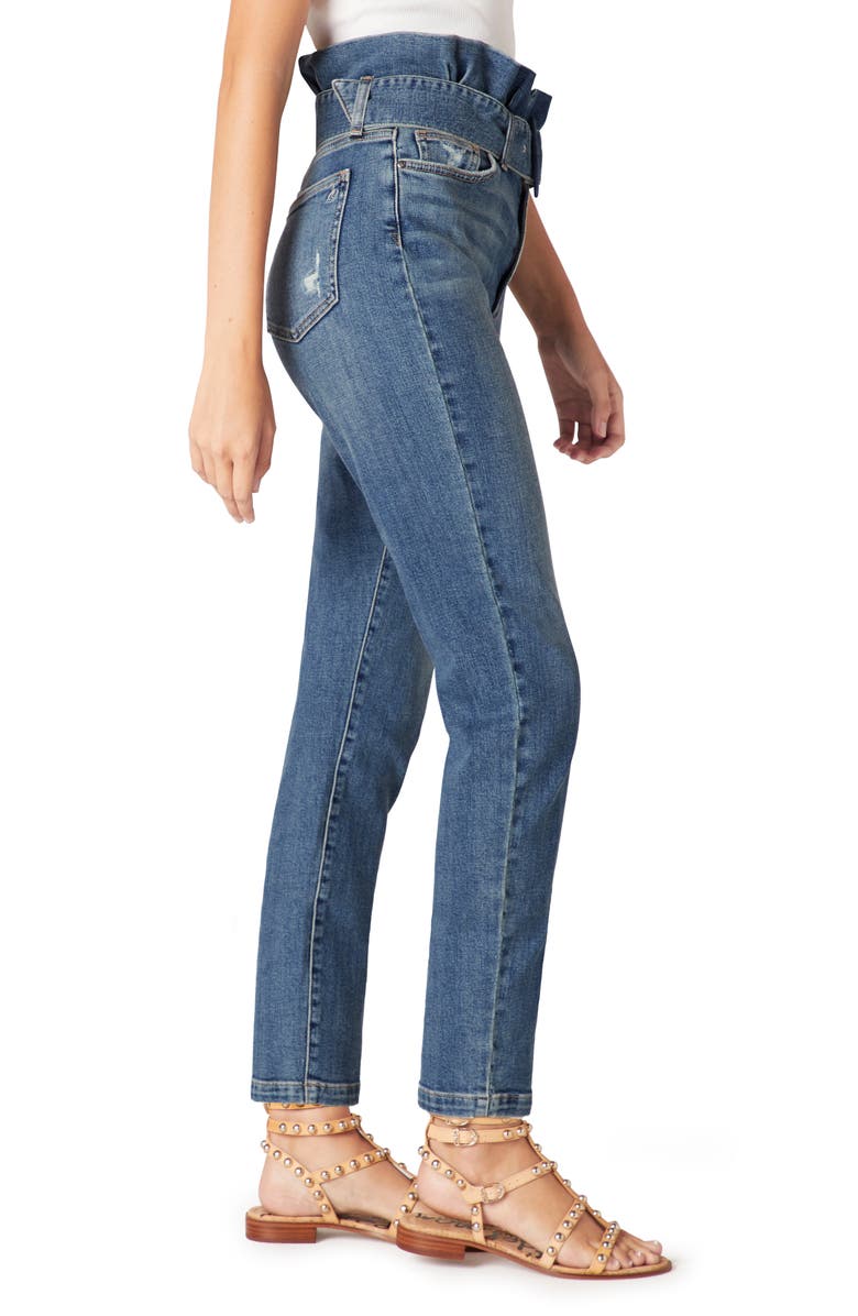 Calça jeans feminina Sam Edelman The Dani Paperbag desgastada, cintura alta, perna reta, azul, tamanho 24